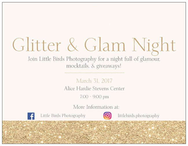 Pink and Gold announcement with information for Little Birds Photography's Glitter & Glam Night 2017