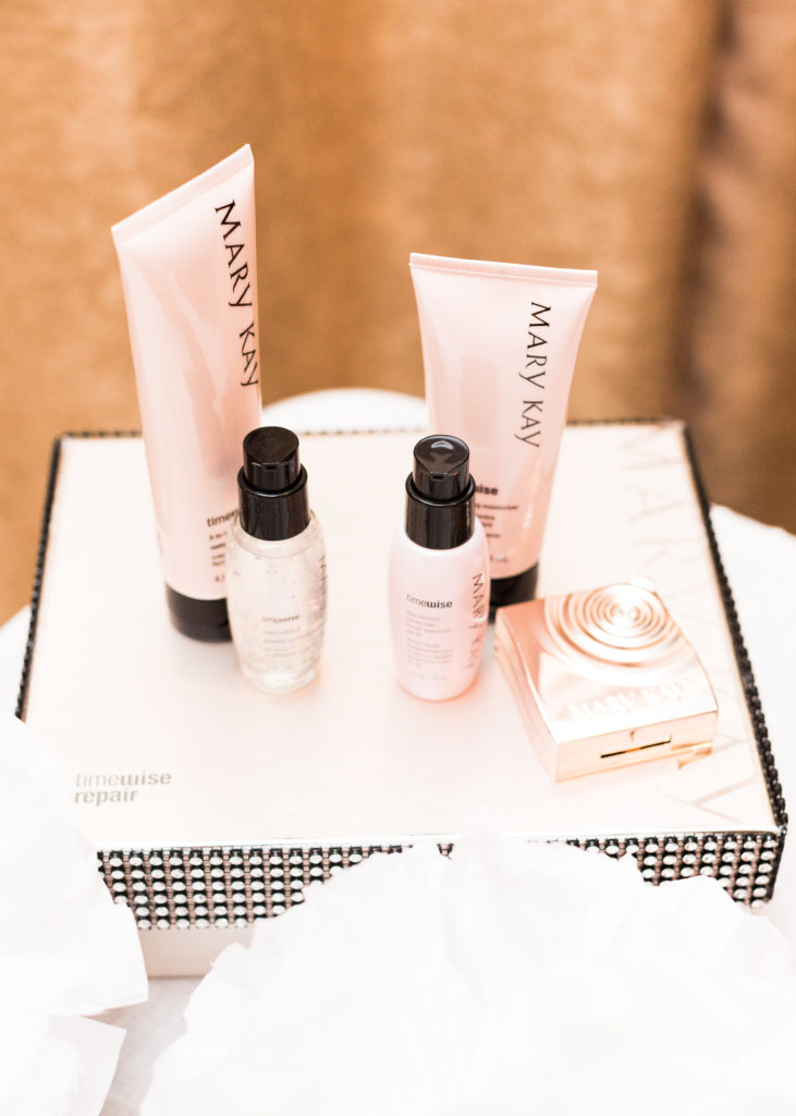 Mary Kay Makeup Timewise Repair products arranged on top of a box at Little Birds Photography's Glitter & Glam Night