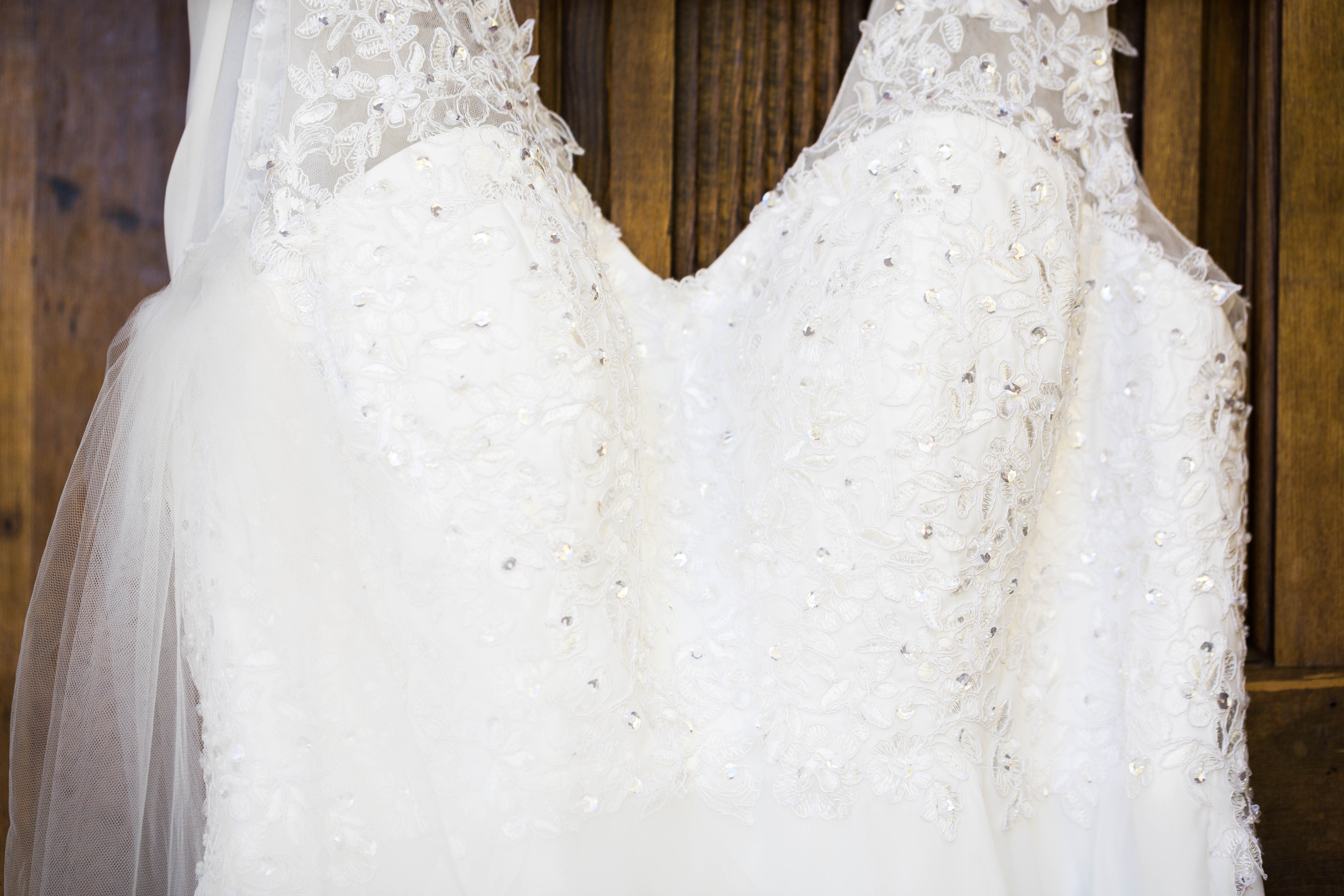 closeup of lace and beaded wedding dress