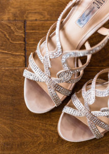 aerial view of bride's tan crystal studded heels