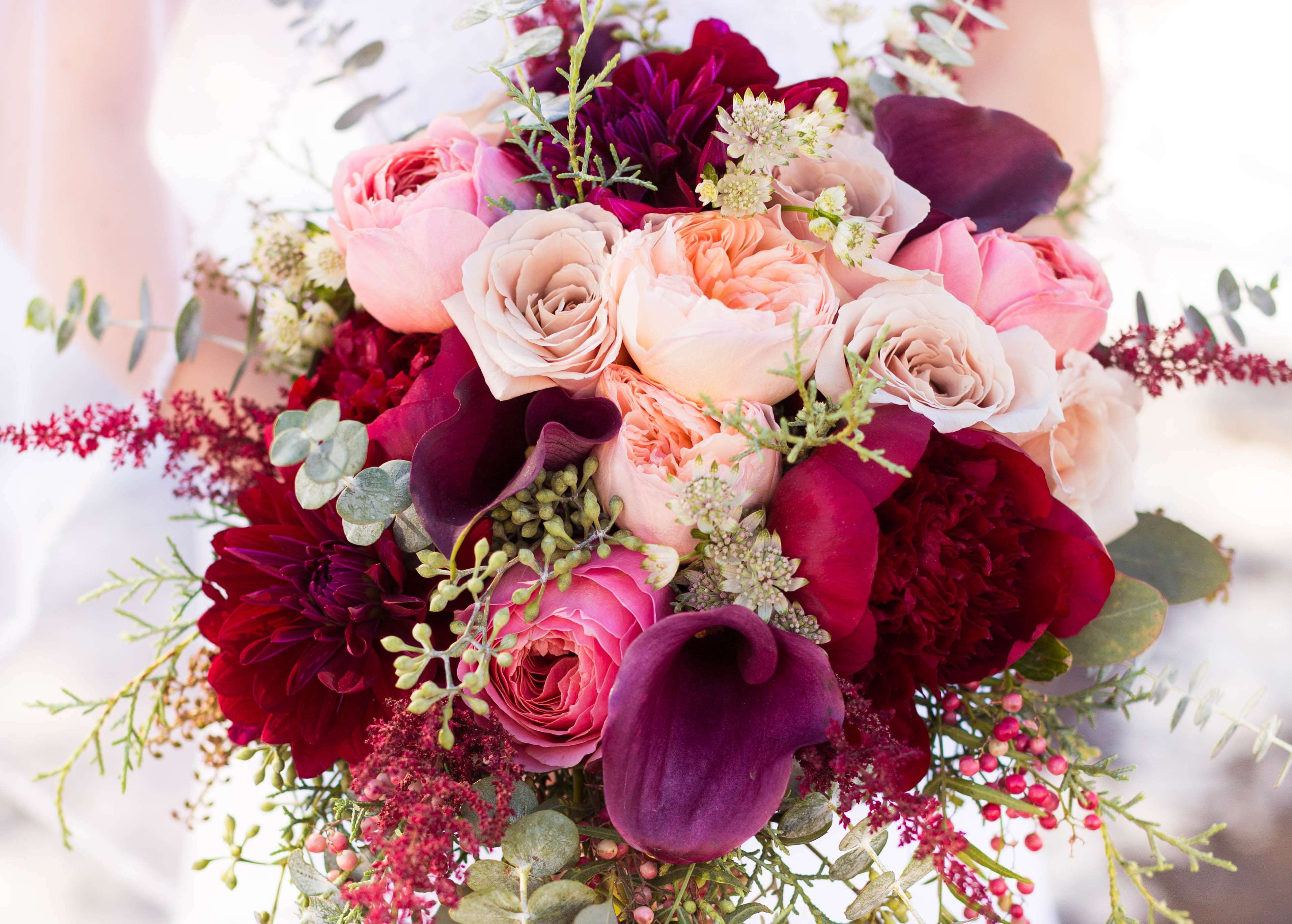 bouquet of pink and burgundy garden roses, dahlias, and calla lillies from Vintage Magnolia Florist