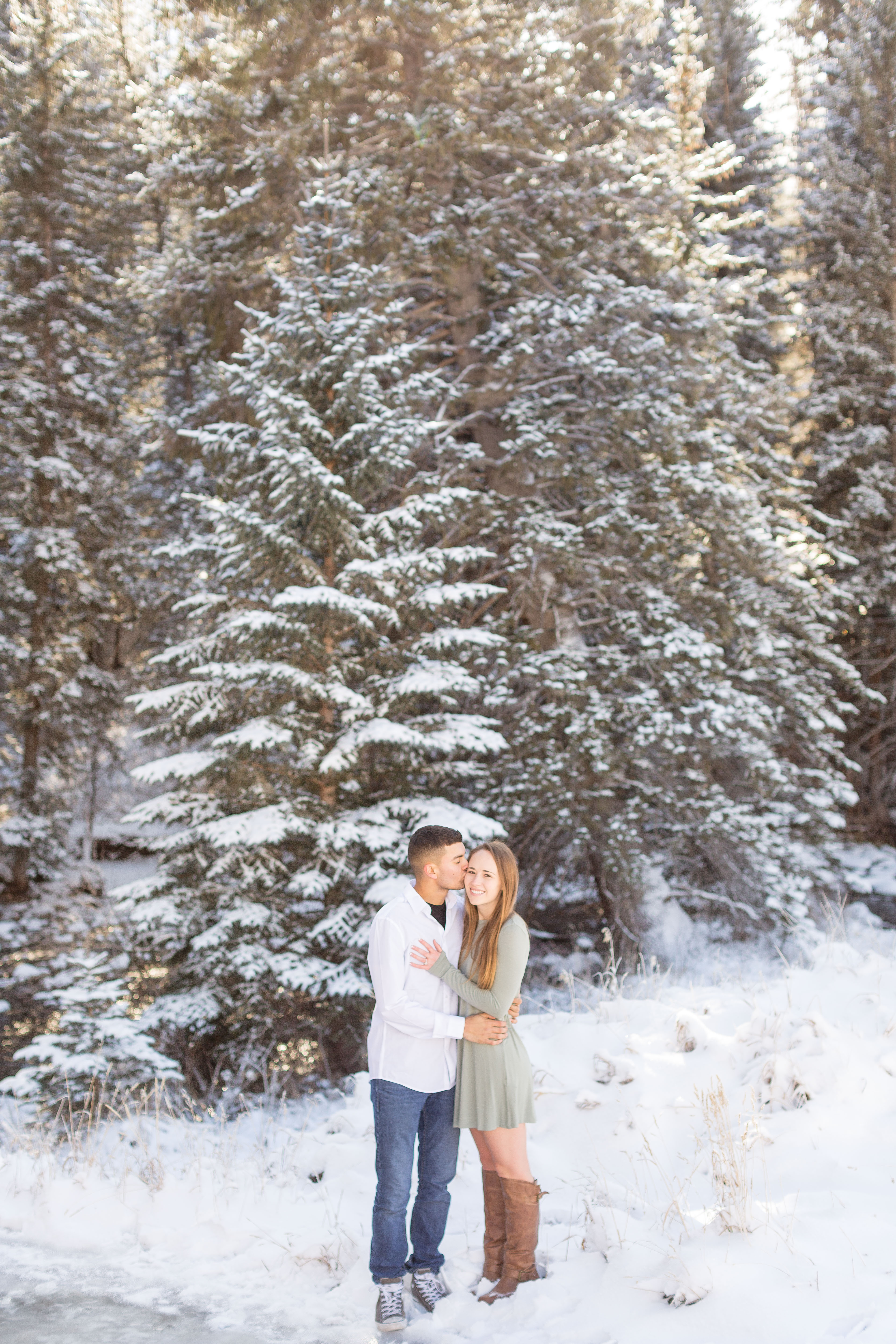 couple embrace in front of snow covered pine trees